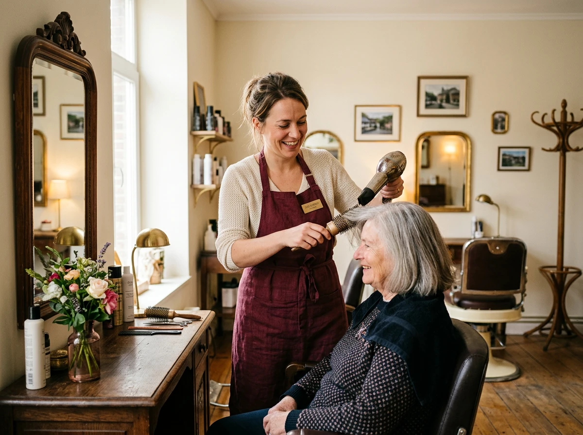 Coiffeuse au travail dans le salon, souriant chaleureusement à sa cliente