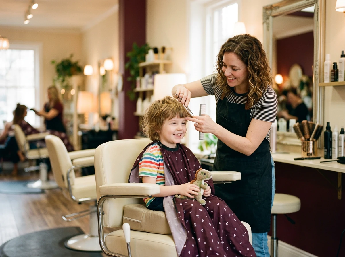 Coupe de cheveux douce pour enfant dans un salon accueillant