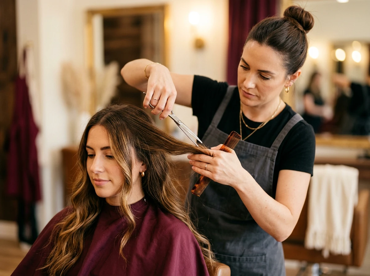 Coupe et brushing femme réalisés dans un salon chaleureux